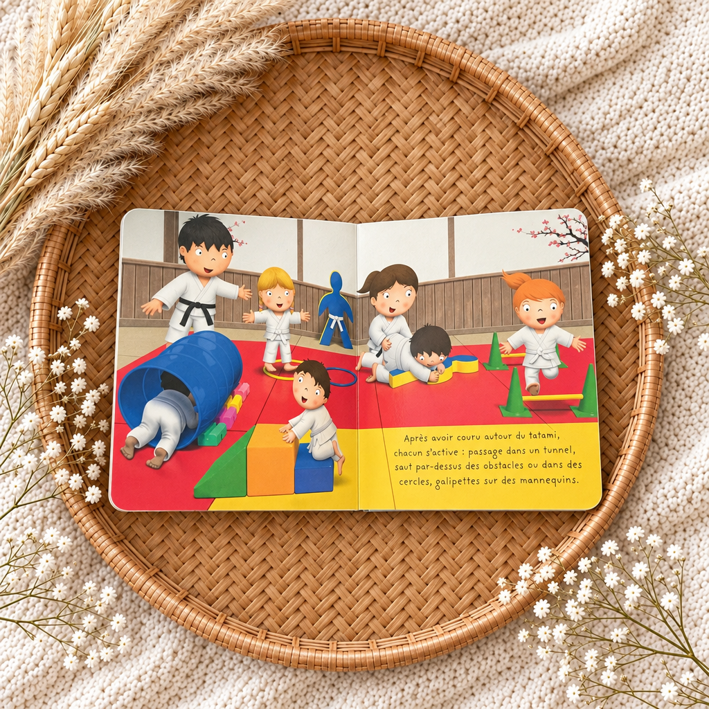 Livre jeunesse ouvert sur des scènes de judo, personnages sur tatami, page illustrée