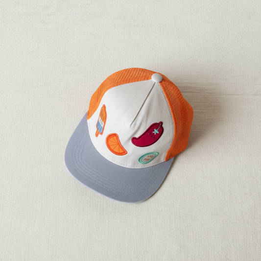 Casquette enfant Souris Mini orange et grise, visière courbée, motifs légumes brodés