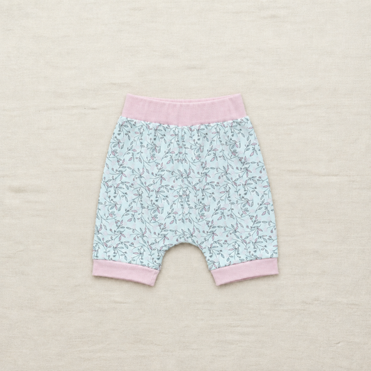 Short bébé 18 mois en coton, imprimé floral bleu et finitions roses à la taille