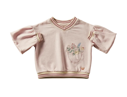Chandail rose clair, col V et poignets rayés, motif de souris dans une tasse