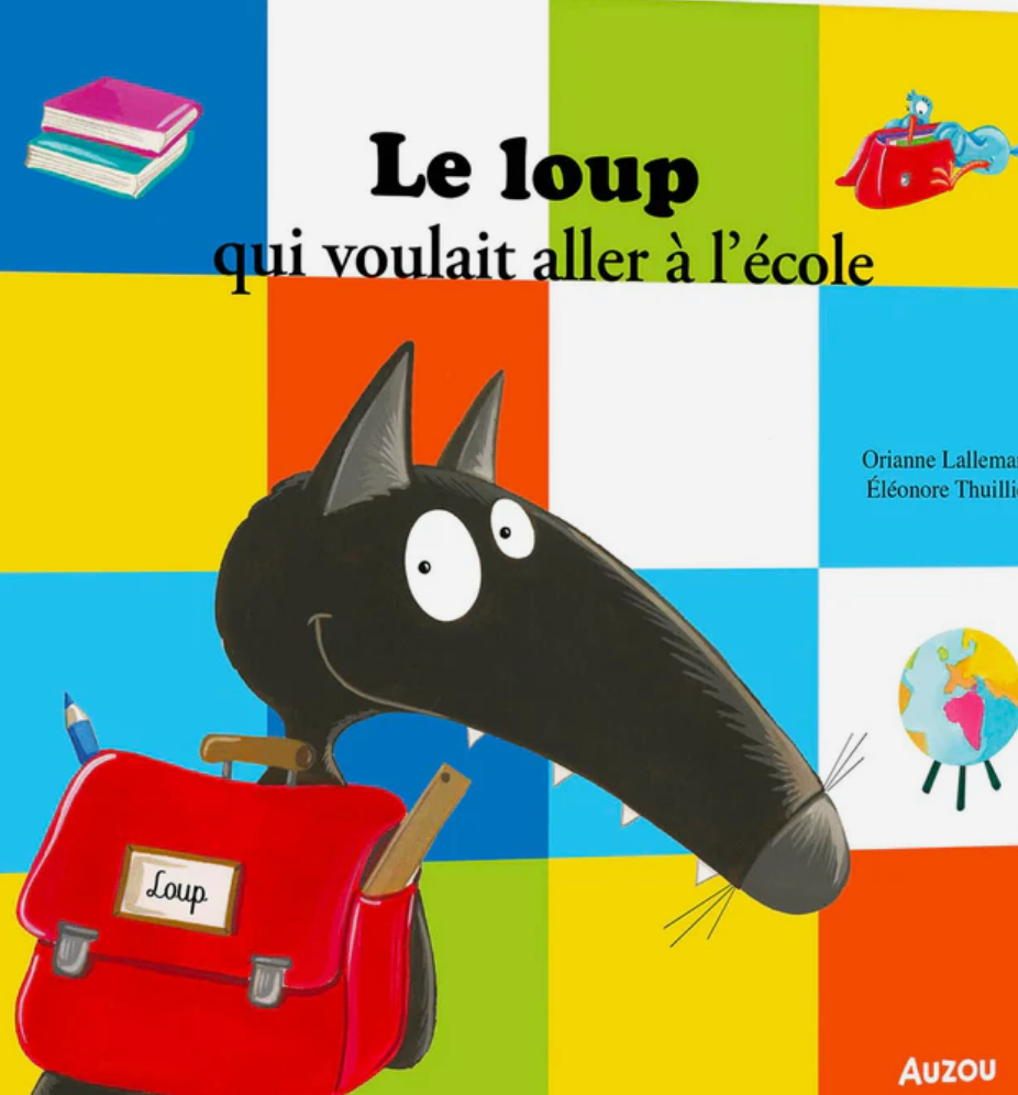 Livre pour enfants « Le loup qui voulait aller à l’école » : couverture avec loup et sac rouge
