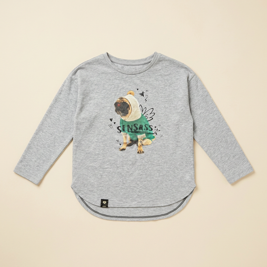 Chandail gris chiné manches longues, col rond, grand motif animal au centre
