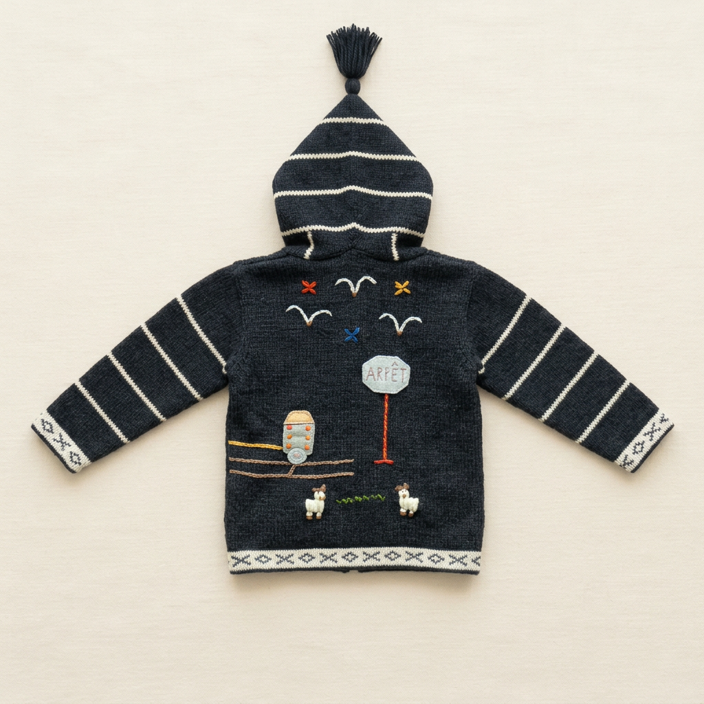 Veste bébé à capuche noire, broderies et manches rayées, vue dos