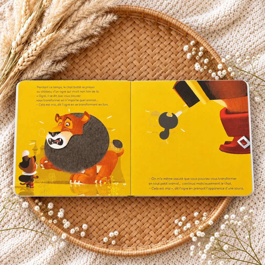 Livre jeunesse illustré ouvert, pages avec chat en bottes, silhouettes et texte
