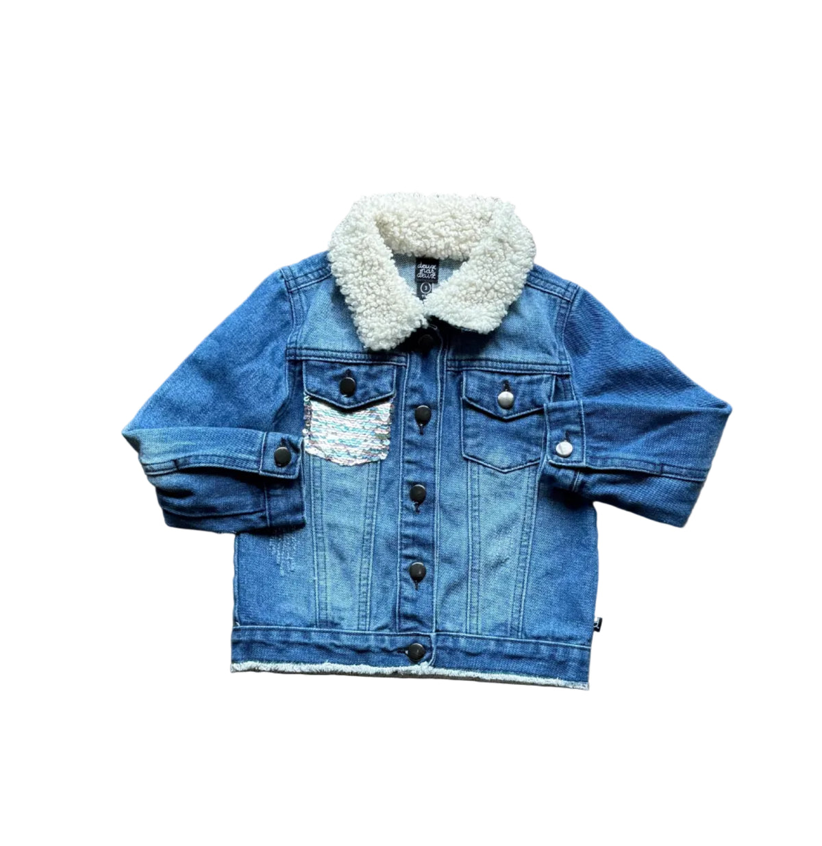 Veste en jean bleue enfant 3 ans col imitation mouton, boutons et applique souris poitrine