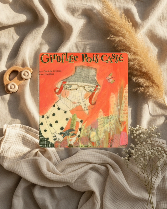Livre enfant Giroflé Pois-Cassé à couverture illustrée, fond orange et motifs animaux