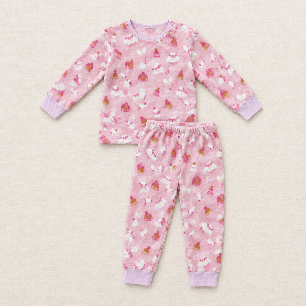 Pyjama Souris Mini deux pièces rose clair, imprimé souris et motifs fantaisie, manches longues