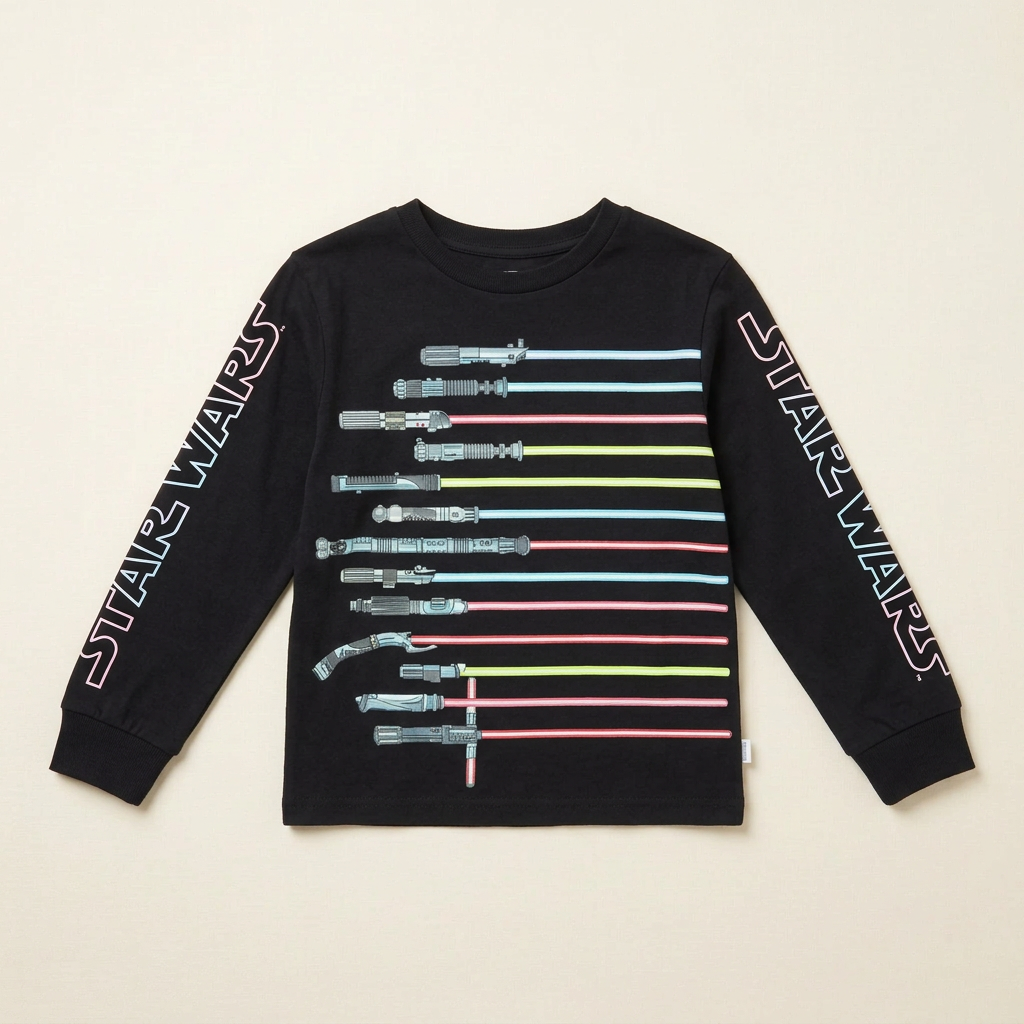 Chandail enfant noir à manches longues, motif sabres laser multicolores, encolure ronde