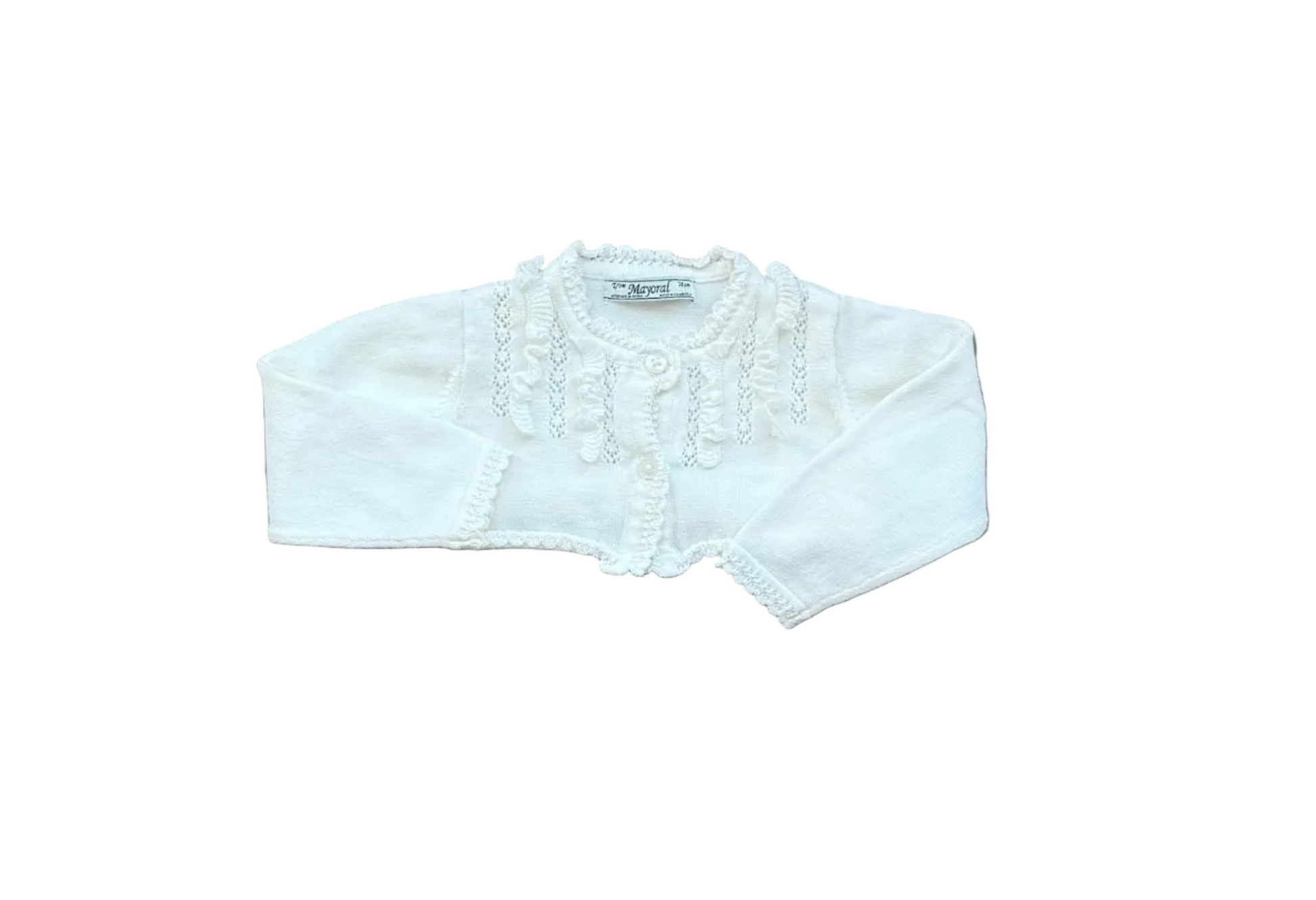 Boléro bébé Mayoral blanc à manches longues, bordures et boutons