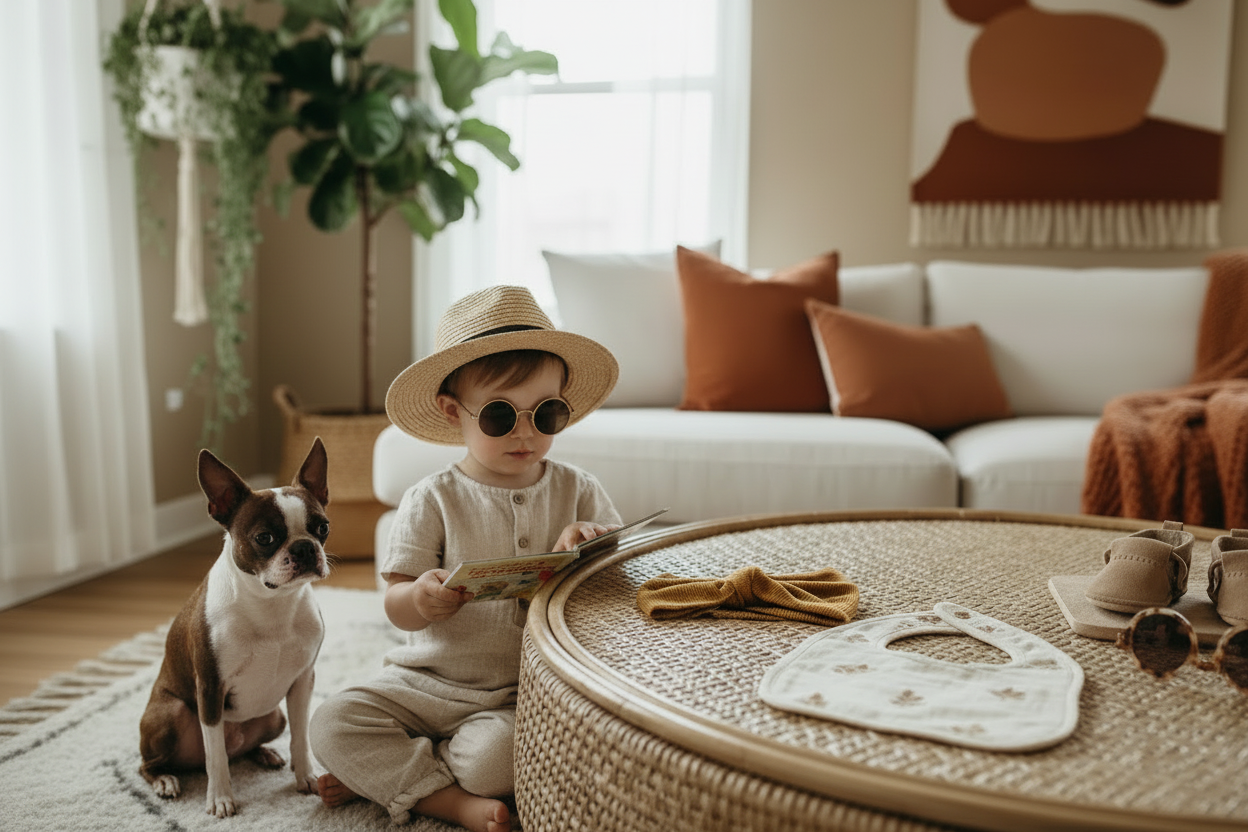 Enfant avec chapeau, lunettes et Boston Terrier