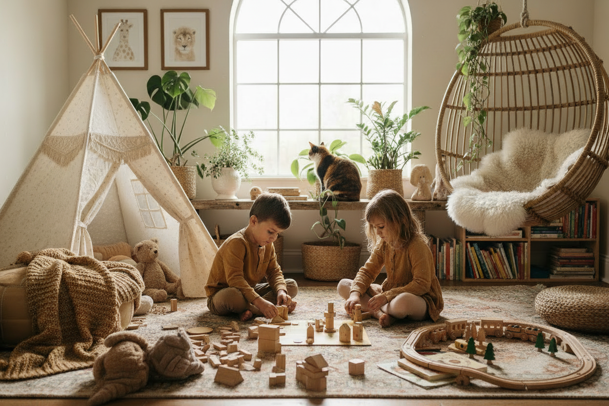 Salle de jeux bohème avec chat à la fenêtre