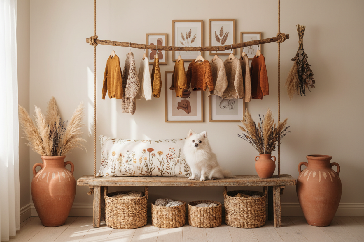 Spitz nain sur coussin fleuri sous tringle vêtements enfants