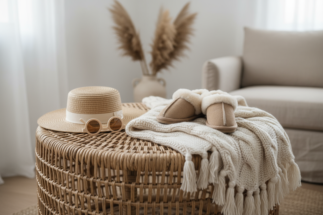 Table ronde en rotin. Articles pour enfants dessus, chapeau, lunette de soleil, couverture en lainage, pantoufles, bohème chic, teintes neutre 