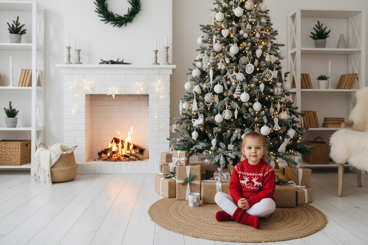 Une petite fille assis au sol vêtements de Noël. Au sol tapis en jute en face d’elle un magnifique sapin de Noël avec des cadeaux. Décor scandinave avec foyer. 