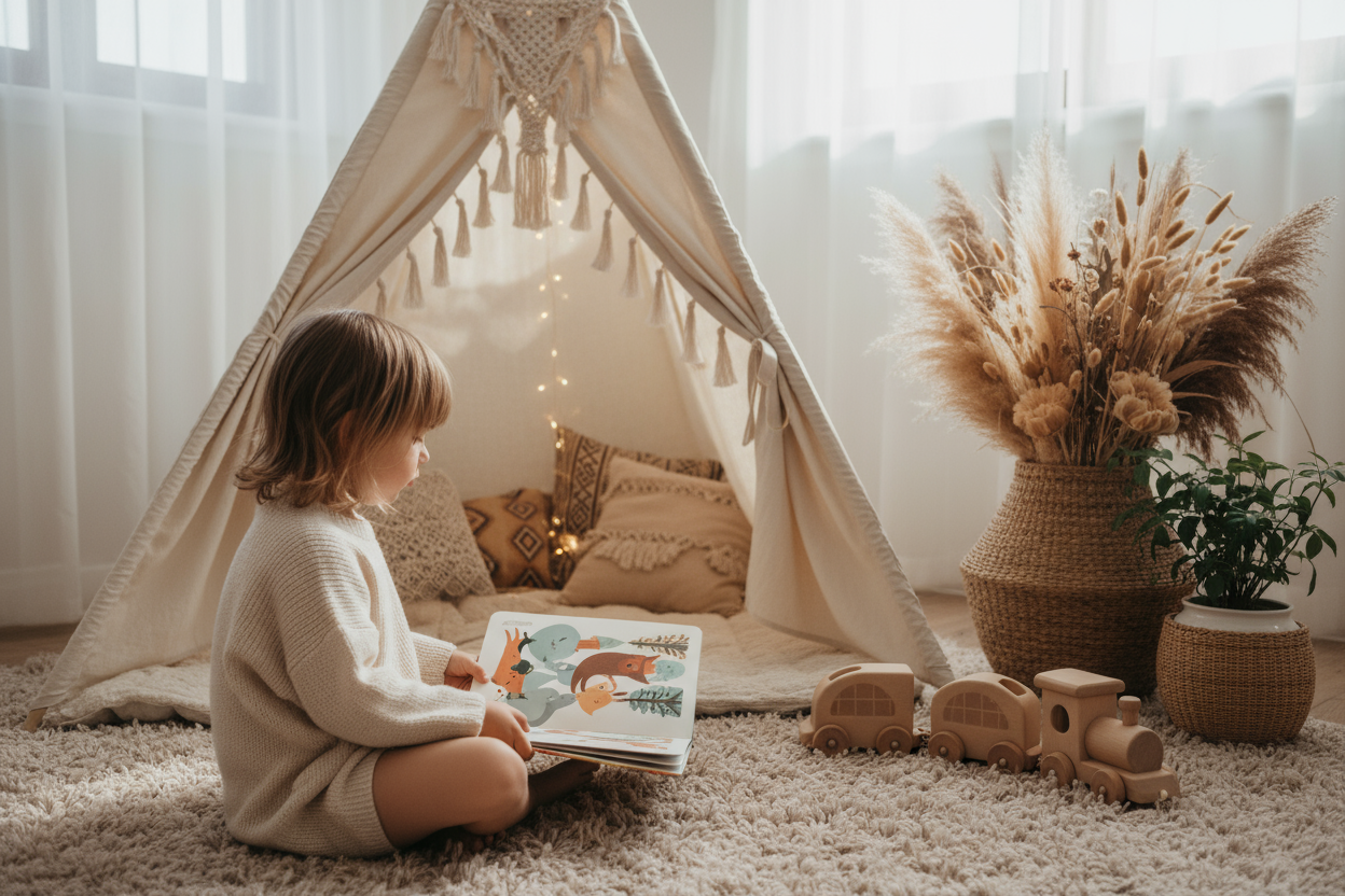 Une petite fille est assis pas terre en face d’elle une tente pour enfants style bohème à cotée d’elle un train en bois décor bohème avec des pots en rotin et des fleurs sèches elle a sur ses jambes un livres ouvert pour enfants. Teinte neutres 