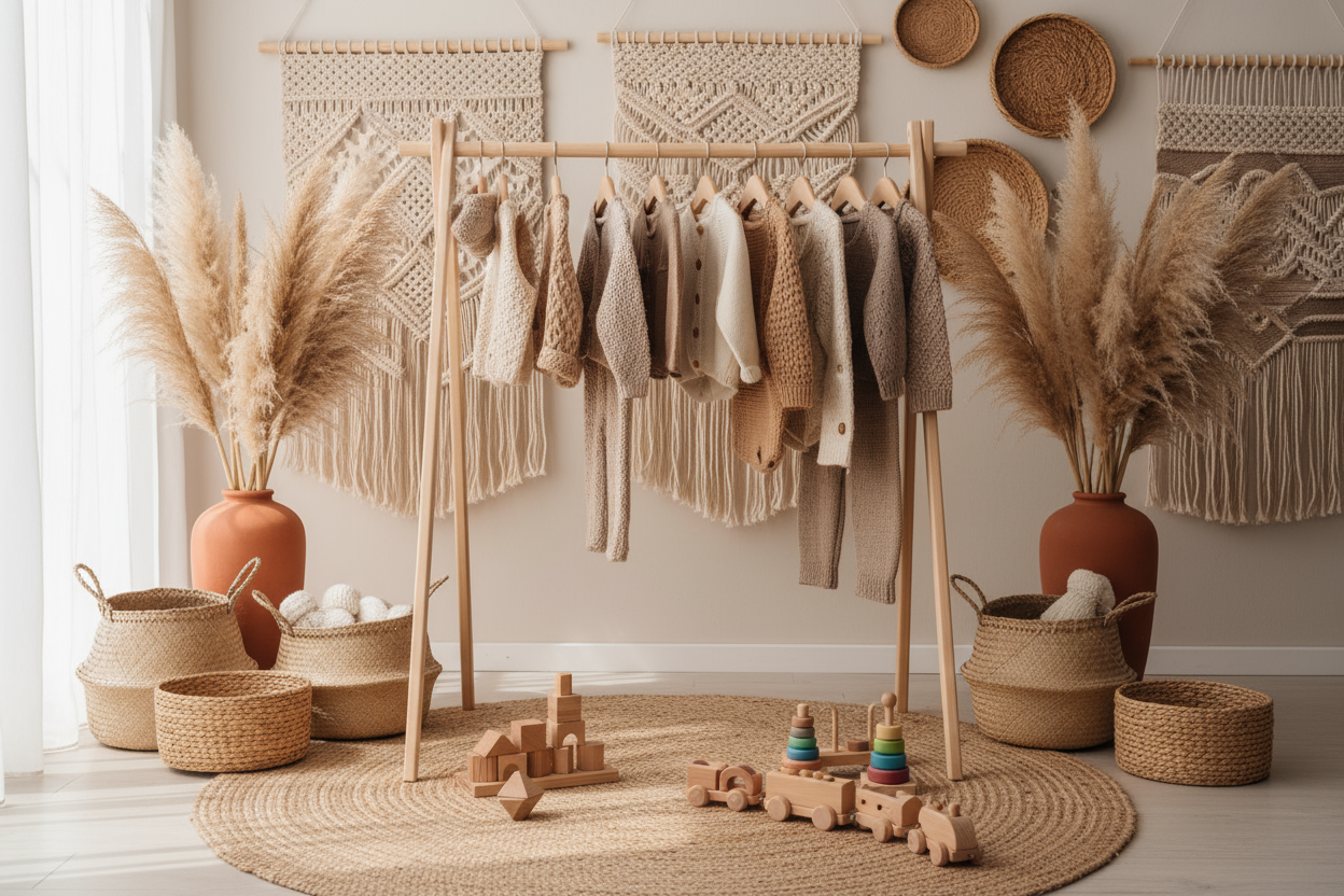 Vêtements pour enfants en tricot sur un porte vêtements. Décorations bohème. Jouets en bois pour enfants sur un tapis de jute. Couleurs neutre 