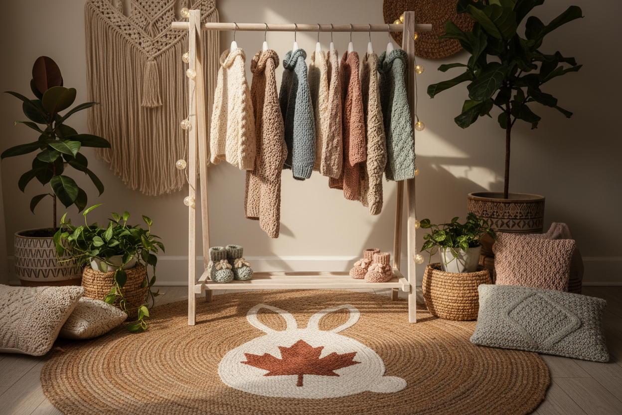 Vêtements pour enfants en tricot sur un support à vêtements au sol un tapis en juste avec un lapin avec en son centre une feuille d’érable. Décor bohème 